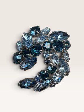 1950s Mid Century Blue Rhinestone UV Reactive Glow Swirl Brooch 1.96" Vintage